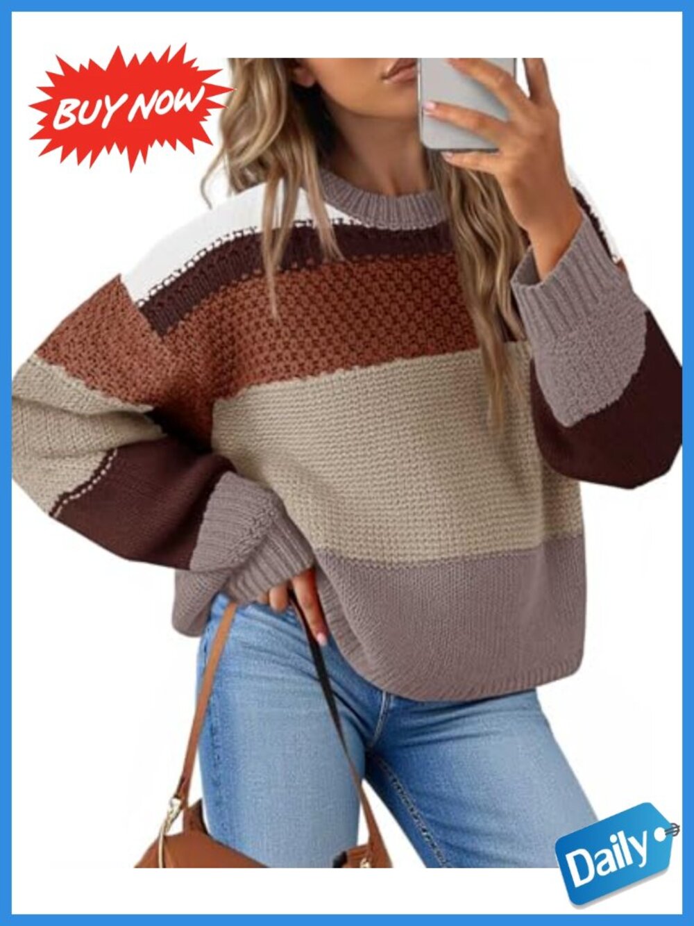 Womens Cropped Color Block Sweater Oversized Striped Pullover Knit